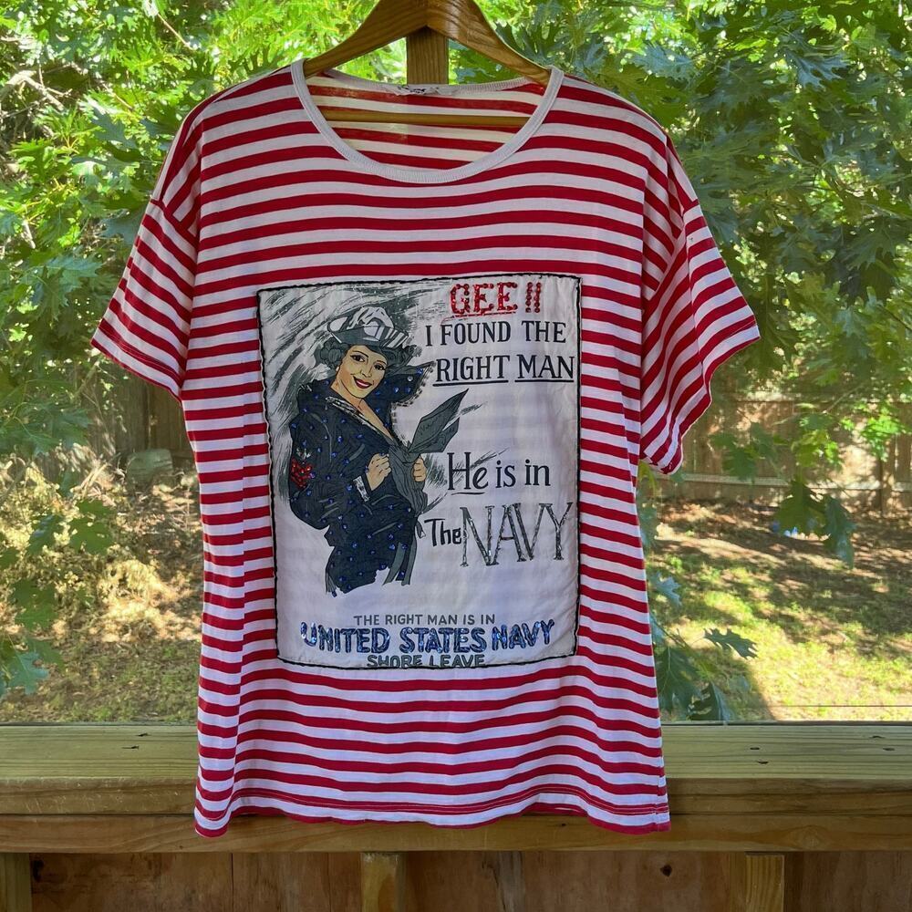 Pinky Women's Vintage Red And White Striped Patriotic Navy Tee Size L